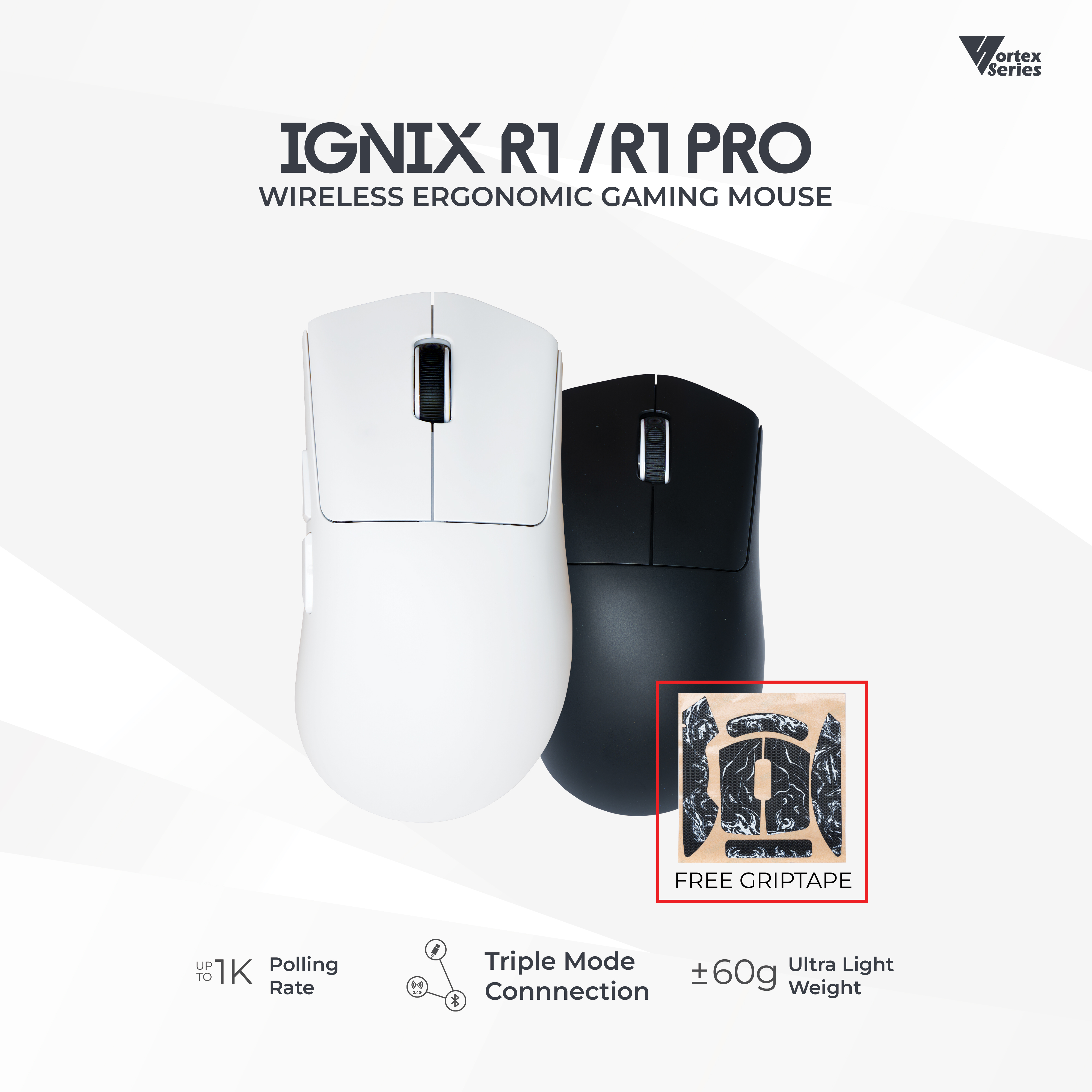 VortexSeries IGNIX Series R1 Mouse | Ergonomic Light Weight Tri Mode Gaming Mouse PixArt PAW 3311 / 3395 PRO