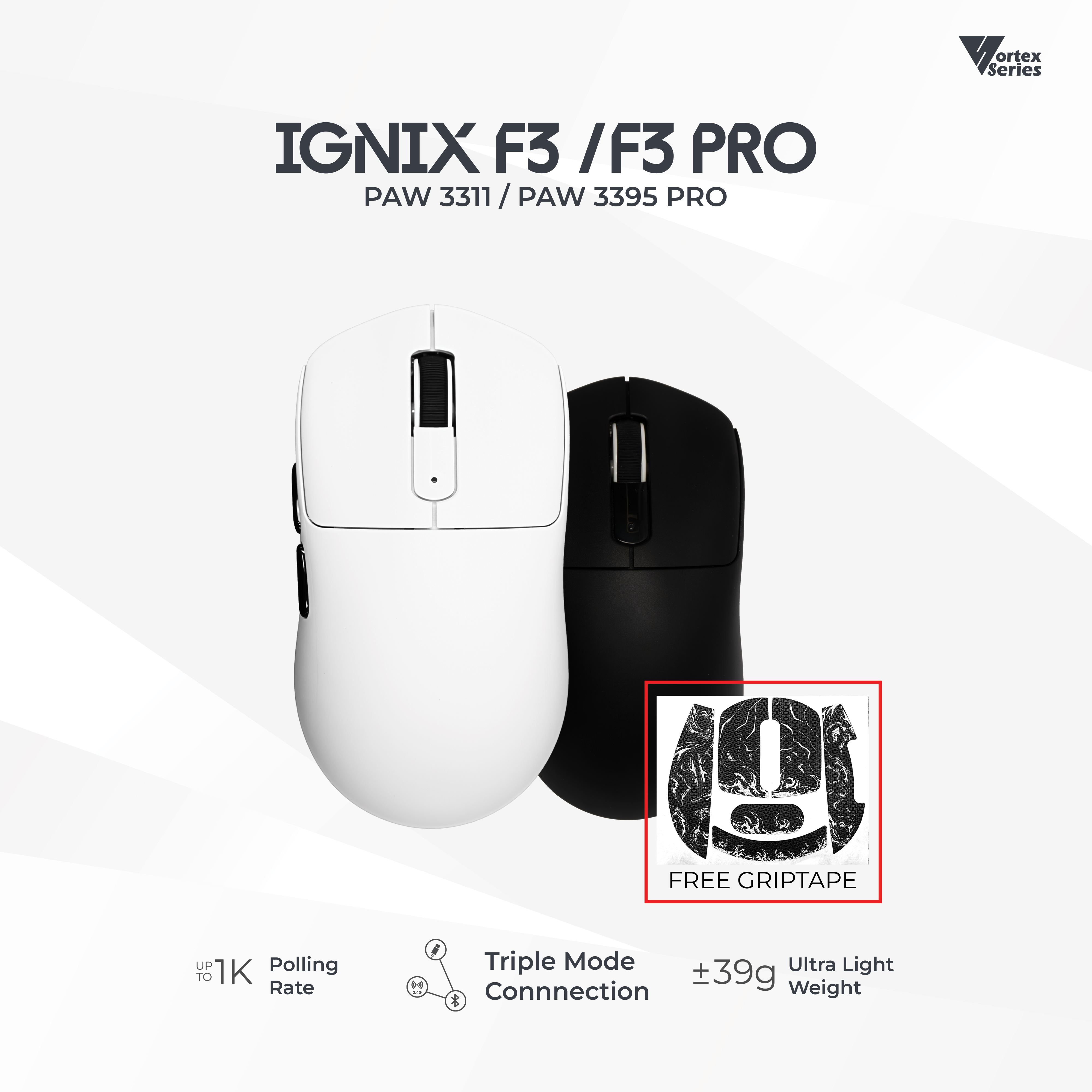 VortexSeries IGNIX Series F3 | Ultra Light Wireless Tri Mode Gaming Mouse PixArt PAW 3311 / 3395 PRO