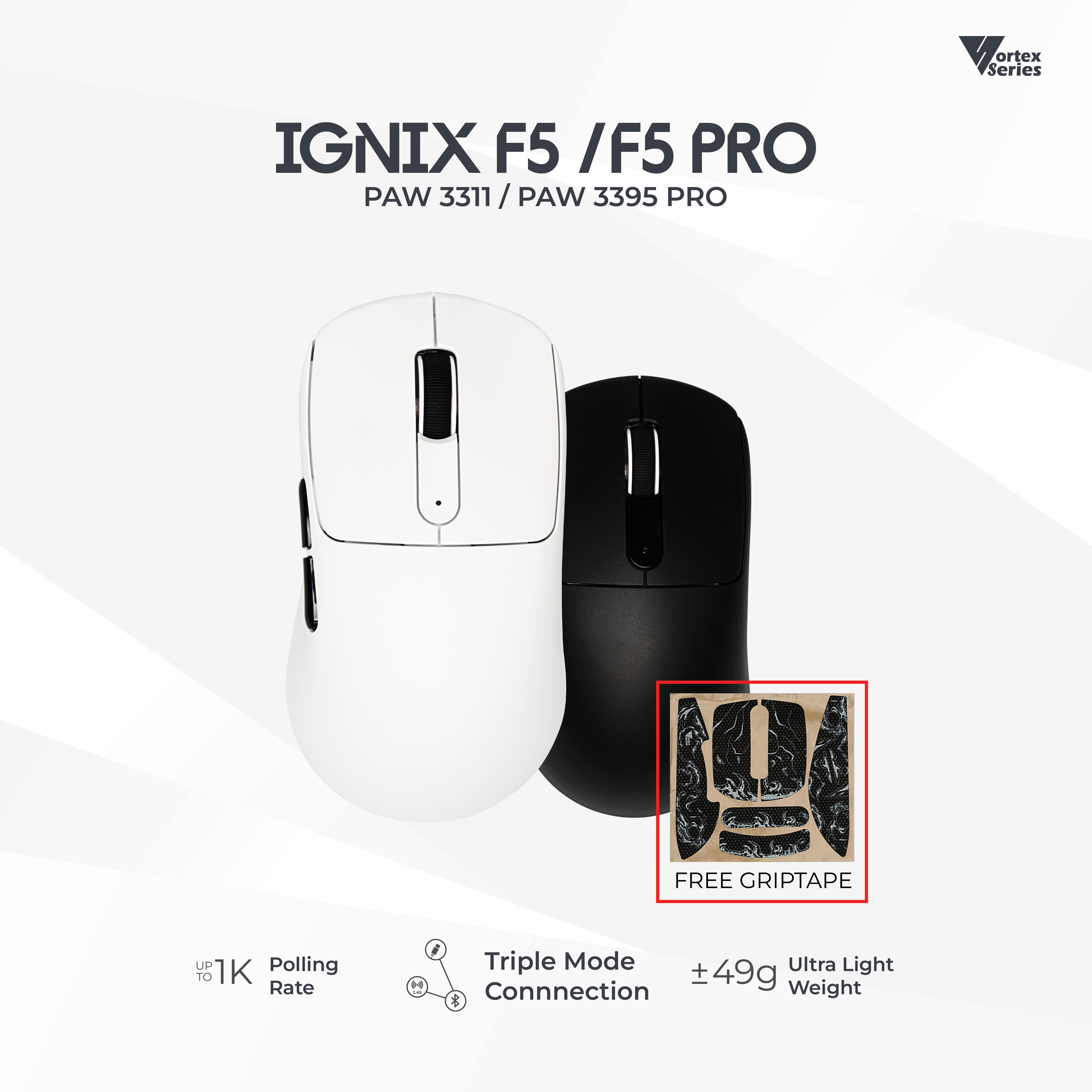VortexSeries IGNIX Series F5 | Ultra Light Wireless Tri Mode Gaming Mouse PixArt PAW 3311 / 3395 PRO