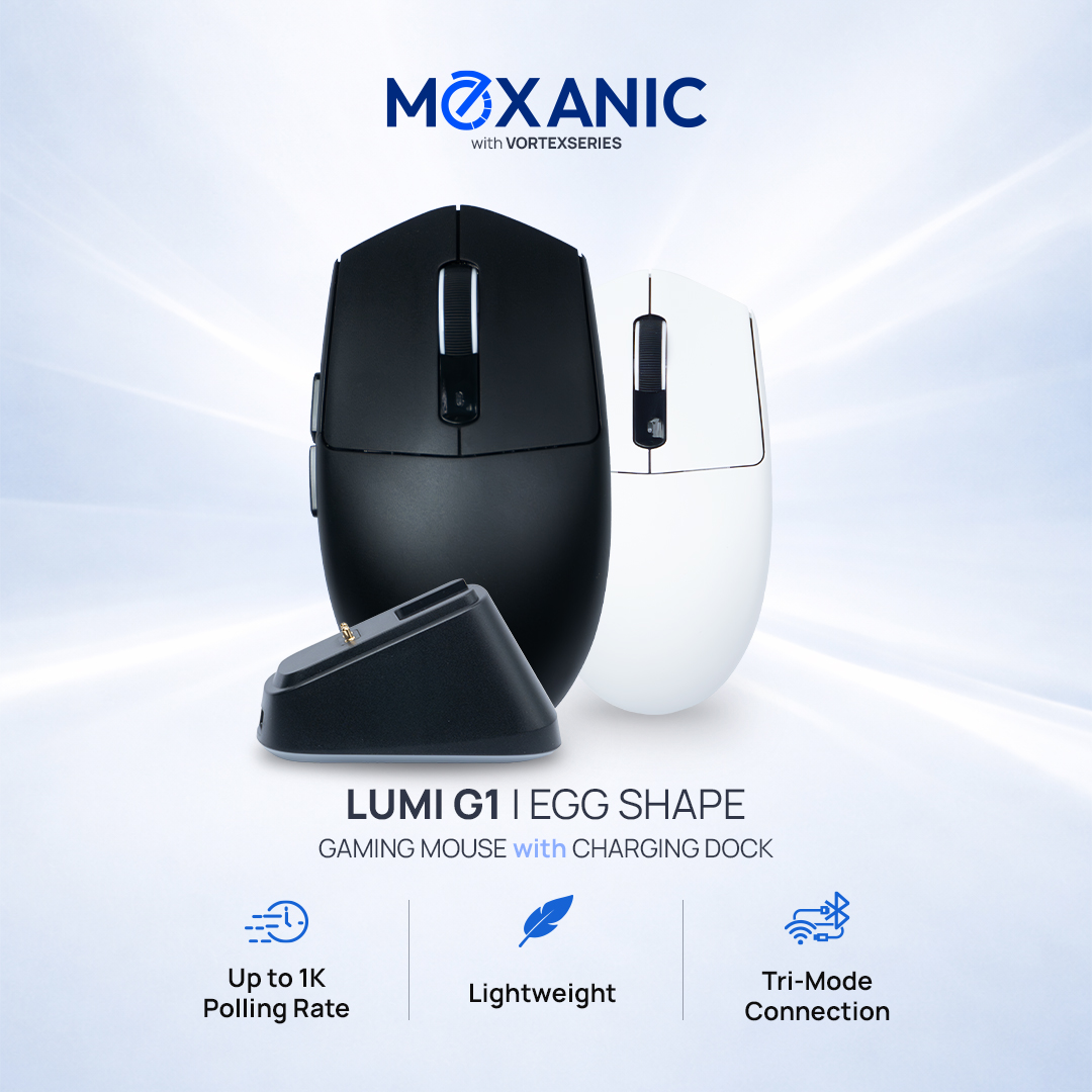 VortexSeries X Moxanic LUMI G1 Series | Charging Dock | Lightweight 59g Wireless Tri Mode Egg Shape Mouse PixArt PAW 3311