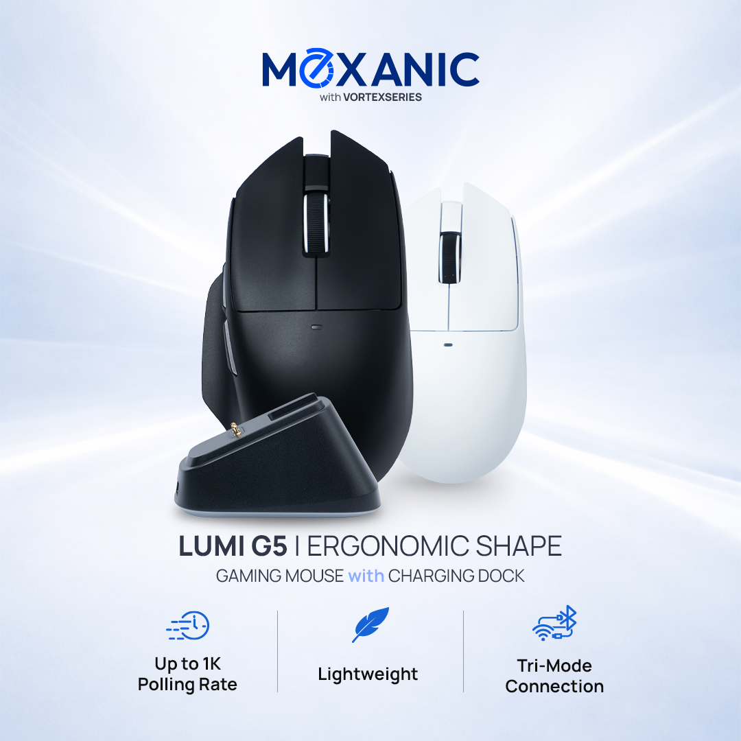 VortexSeries X Moxanic LUMI G5 Series | Charging Dock | Lightweight Wireless Tri Mode Gaming Mouse Ergonomic PixArt PAW 3311