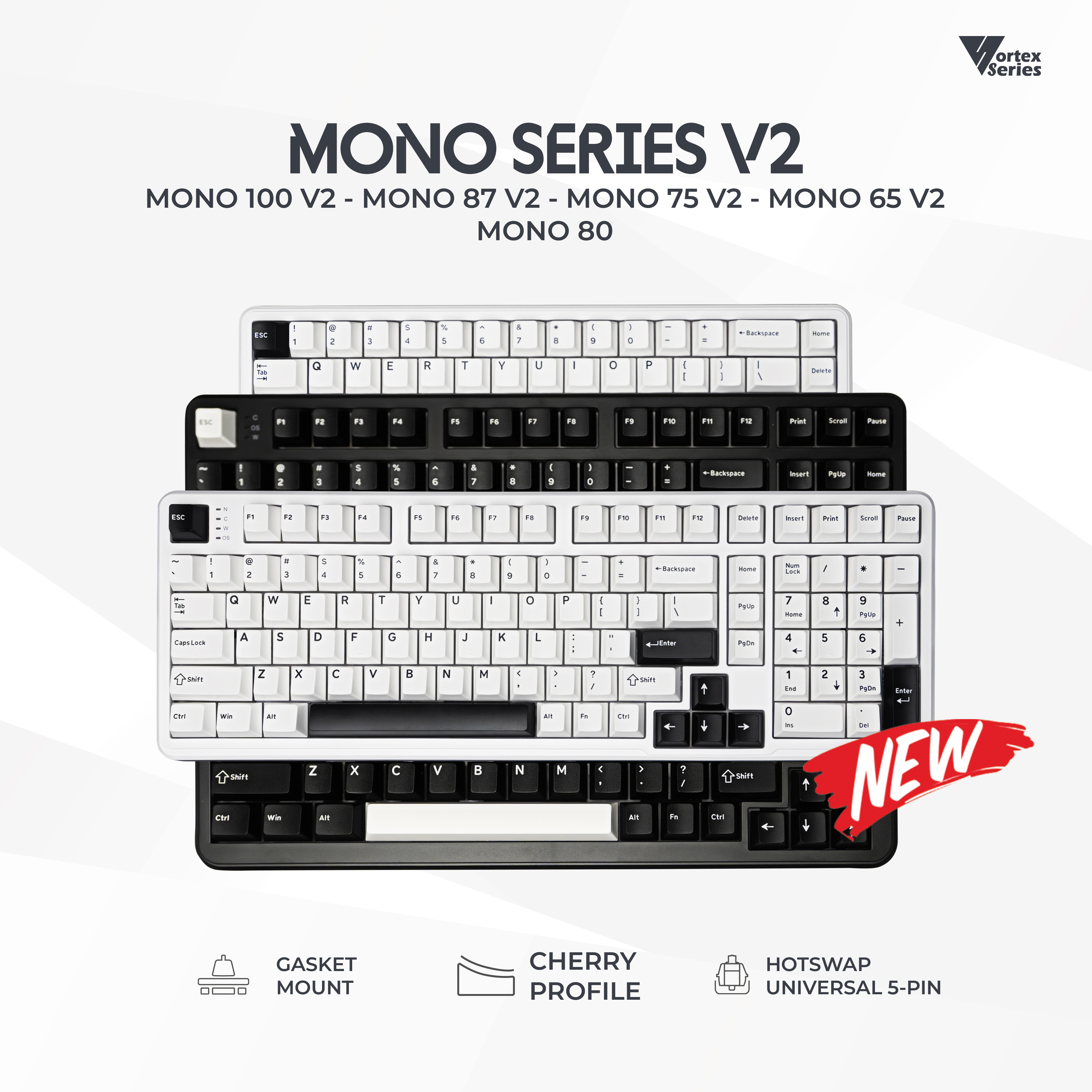 VortexSeries MONO SERIES Wired Gasket Mount Mechanical Keyboard 65 75 87 / TKL 100 (V2) & 80 (V1) Layout | Hotswappable Universal 3 - 5 Pin